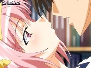 Skinny hentai schoolgirl with short pink hair sucks her senpai's cock