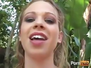 Young curly-haired blonde gives a guy a blowjob and a tugjob