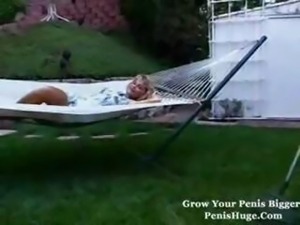 Hot busty mature blonde eats his young cock outdoors then goes in for a fuck