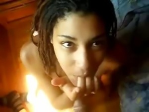 Young light skinned ebony gal munches on his POV dark meat
