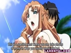 Beautiful hentai babe with big boobs in a very tiny swim suit gets a surprise...