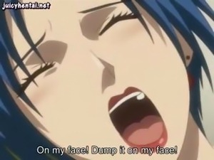 Blue-haired hentai bimbo with big boobies gets cum on her face and chest