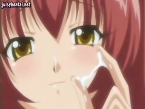 Red-haired hentai nympho chick with big boobs gets a big facial