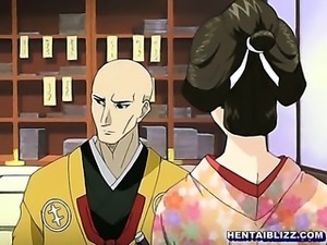 Busty Japanese kimono hentai standing fucked and riding dick