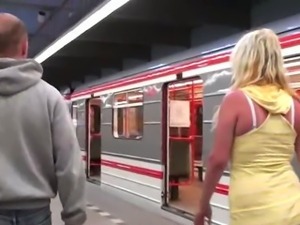 Subway public sex threesome with a blonde girl with big boobs VERY NICE