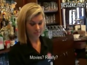 Barmaid convinced to show tits ans ass and have sex in her bar