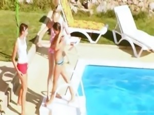 Three chicks secret sexing by the pool