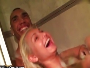 Soapy blonde gets her pussy played