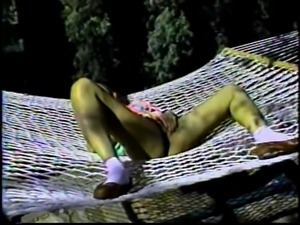 Asian chick masturbates on hammock before getting fucked