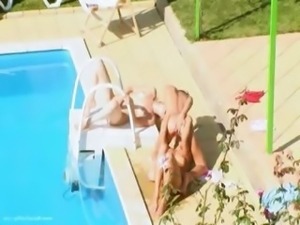 Three chicks secret bang by the pool