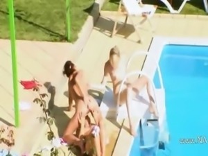 Three coeds secret fucking by the pool