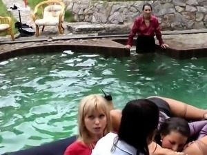 The poolside fuck party moves into the water as one sexy slu