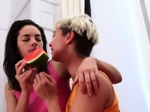 Unshaved lesbians taste fruit and wet pussies
