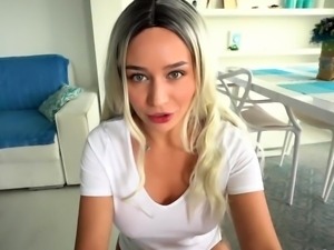 Sultry blonde teen drops to her knees and blows a POV dick