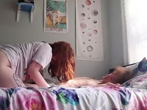 Horny redhead girlfriend with a lovely ass orgasms on a cock